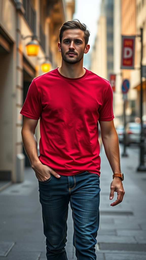 A young man walking down a city street wearing a white t-shirt and dark jeans.