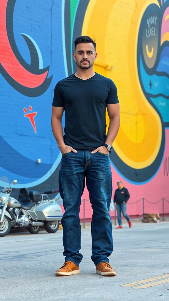 A man standing confidently in baggy denim jeans and a black shirt against a colorful mural.