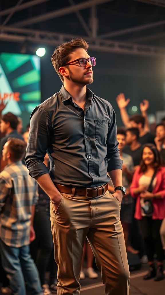 A man wearing a dark button-up shirt and khaki chinos at a concert, looking stylish and confident.