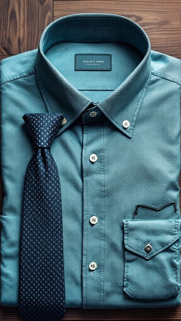 A folded teal dress shirt with a navy patterned tie laid beside it on a wooden surface.