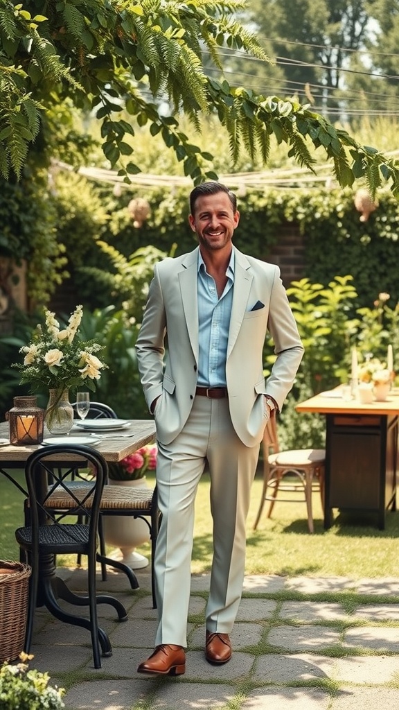 Man wearing a light-colored linen suit, standing in a garden setting.