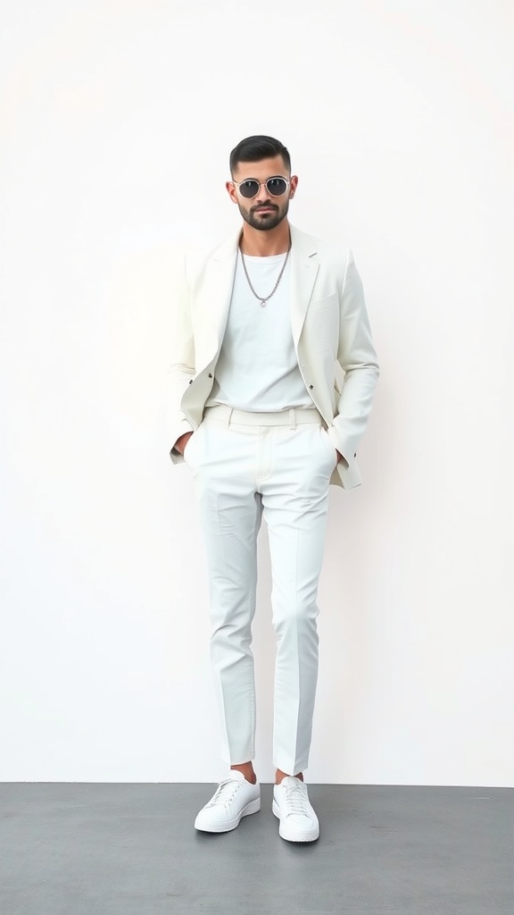 A man in a chic monochrome outfit featuring white pants and a matching blazer, paired with white sneakers and sunglasses.