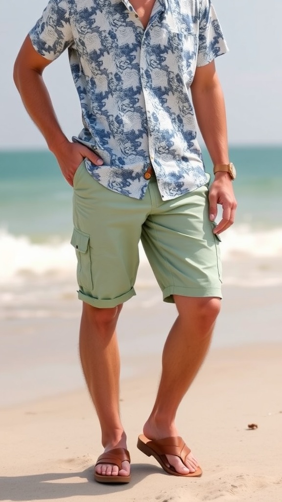 A man wearing light green shorts and a patterned shirt, standing on a beach.