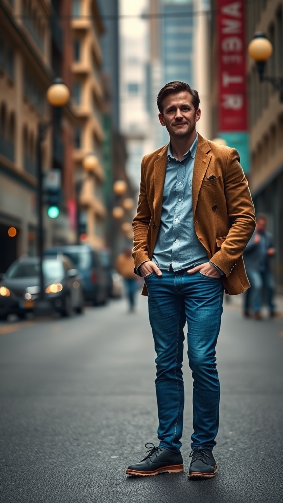 A man wearing a brown blazer and blue jeans standing confidently on a city street.