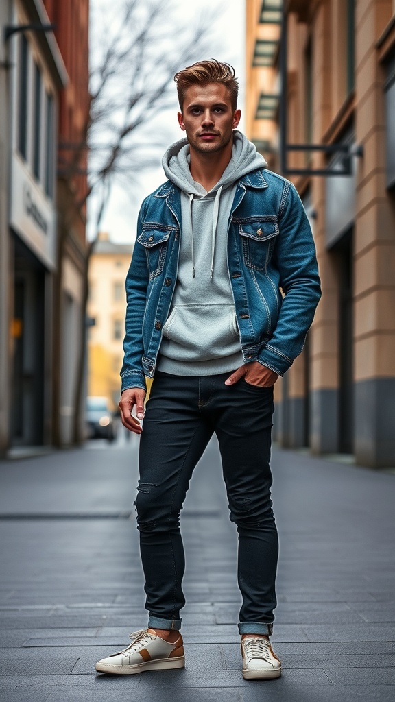 A man standing in a city alley wearing a denim jacket over a hoodie, paired with slim-fit jeans and stylish sneakers.