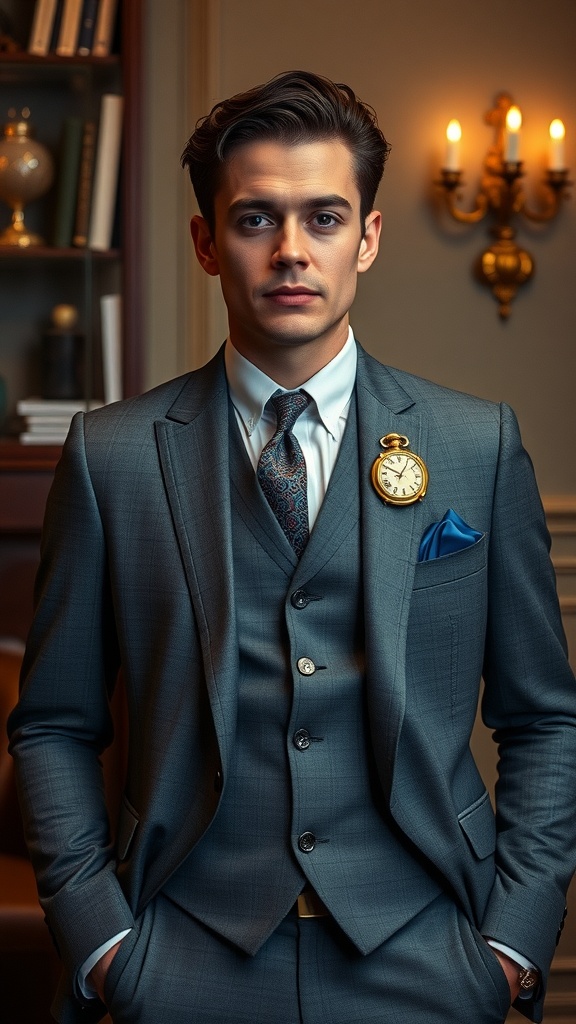 Man in a classic three-piece blue plaid suit with a pocket watch and pocket square.