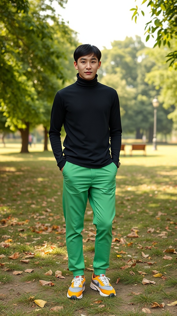 A person wearing a black turtleneck and bright green pants standing in a park.