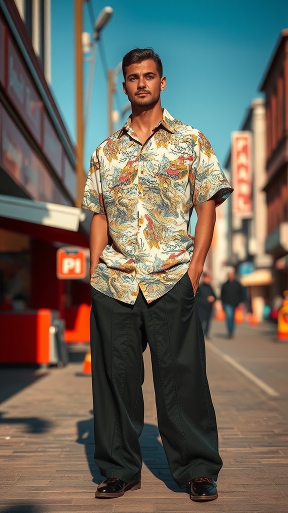 A man wearing a colorful patterned shirt and baggy trousers, standing confidently on a city street.
