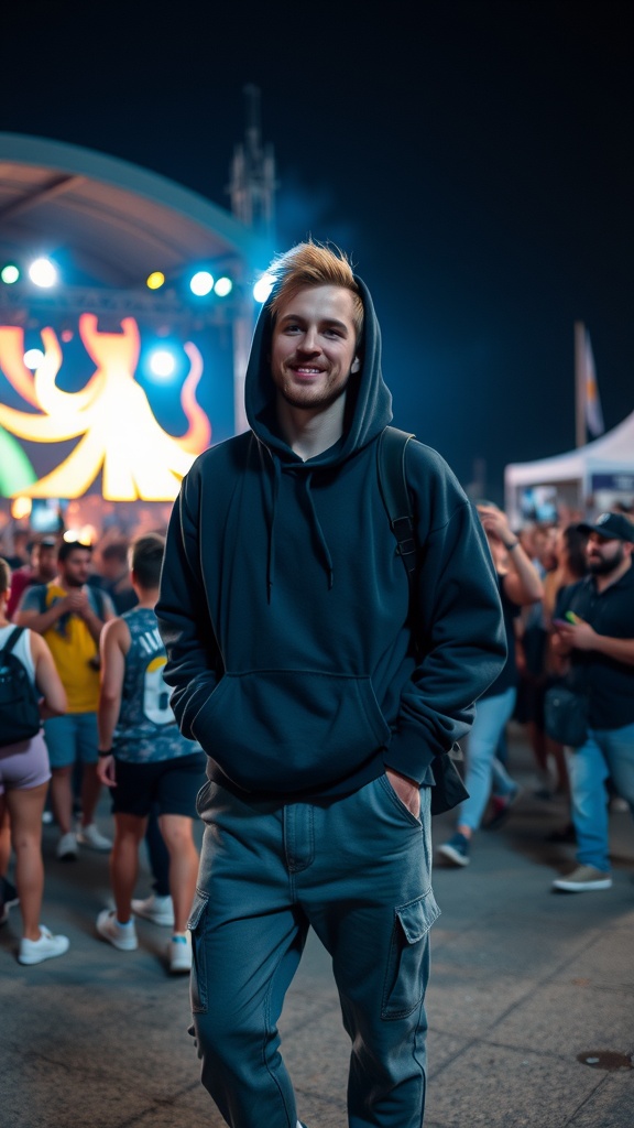 A man in a hoodie and joggers standing at a concert, enjoying the atmosphere.