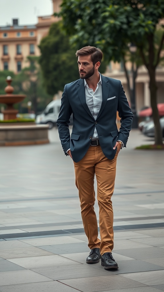 A man walking in an urban area wearing a navy blazer, white shirt, and light-colored chinos.