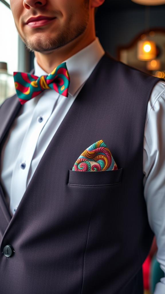 A well-dressed man in a tailored waistcoat with a pocket square and bow tie, showcasing a stylish collar accessory.