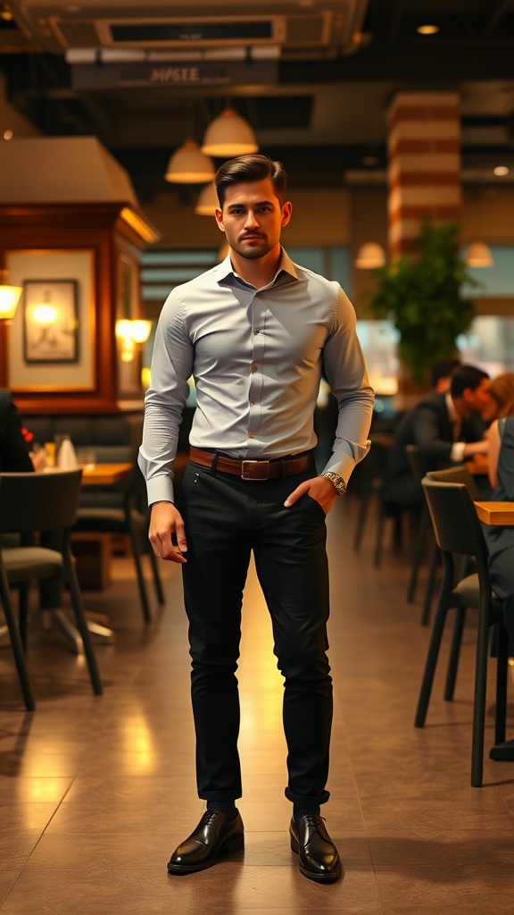 A man in a fitted light blue shirt and black pants standing confidently in a restaurant.