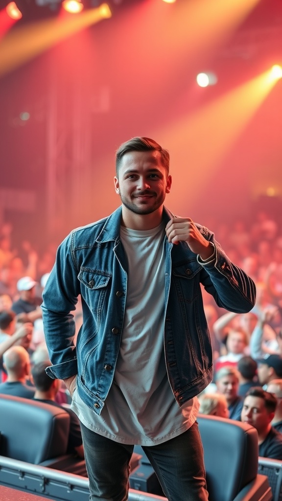 A man wearing a denim jacket over a simple tee at a concert with a lively crowd in the background.