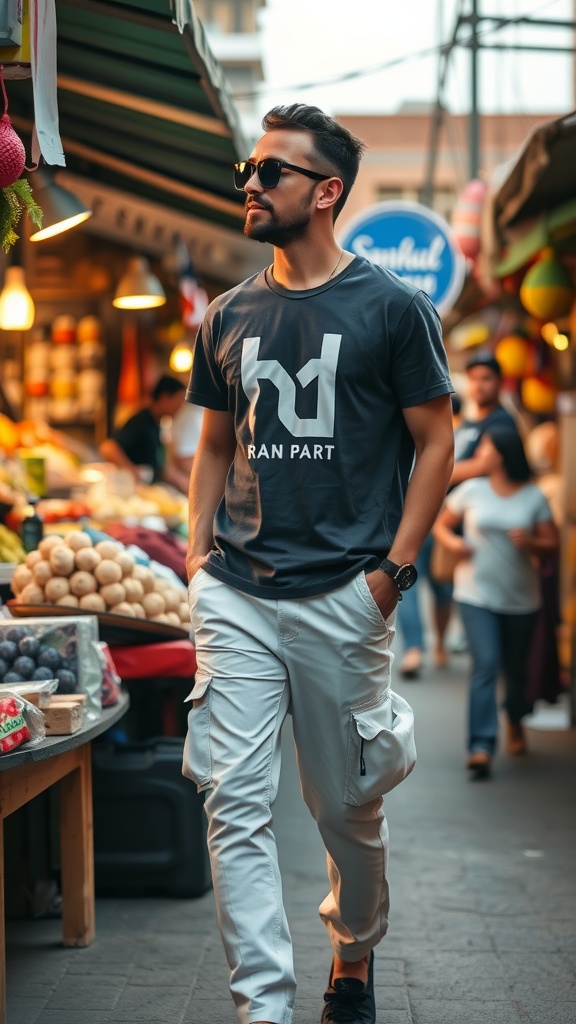 A man walking in a market wearing white cargo pants and a grey t-shirt.