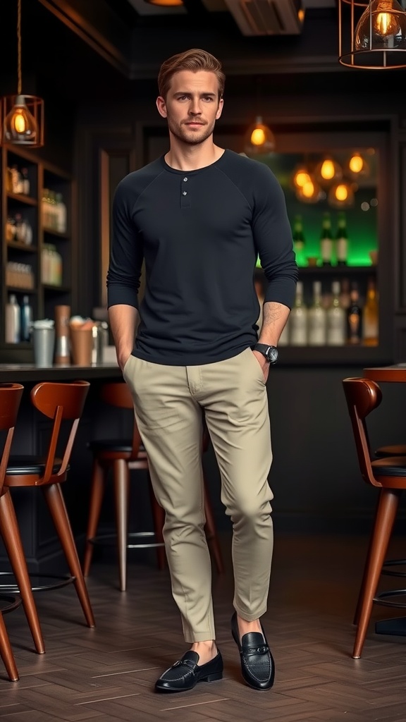 Man in a black raglan 3/4 sleeve t-shirt and khaki pants standing in a stylish bar