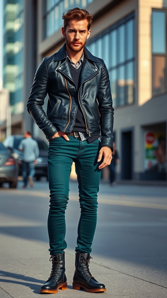 A person wearing dark green skinny jeans and a black leather jacket, standing on a city street