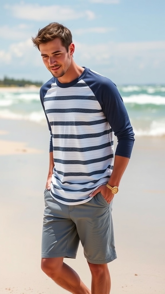 A man wearing a striped raglan 3/4 sleeve t-shirt and shorts standing on the beach.