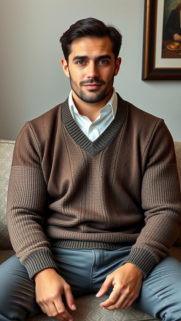 An elegant sweater layered over a collared shirt, displayed on a couch.