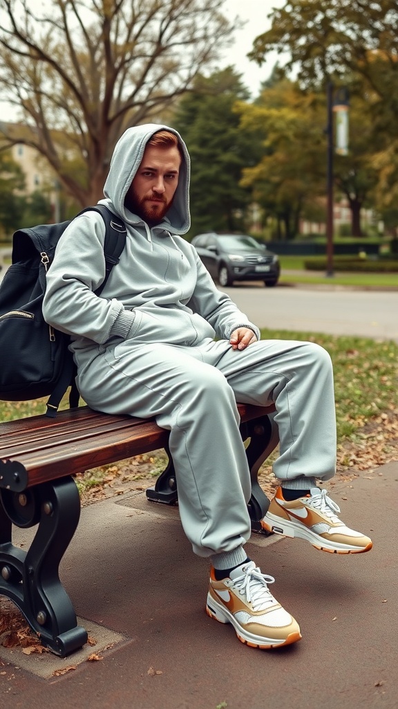 A young man sitting on a bench in a navy tracksuit and sneakers, with a backpack beside him, in a park-like setting.