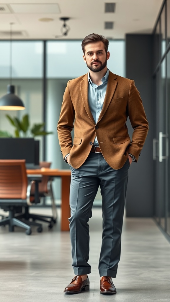 A man in a brown blazer and light blue dress shirt standing in a modern office setting.