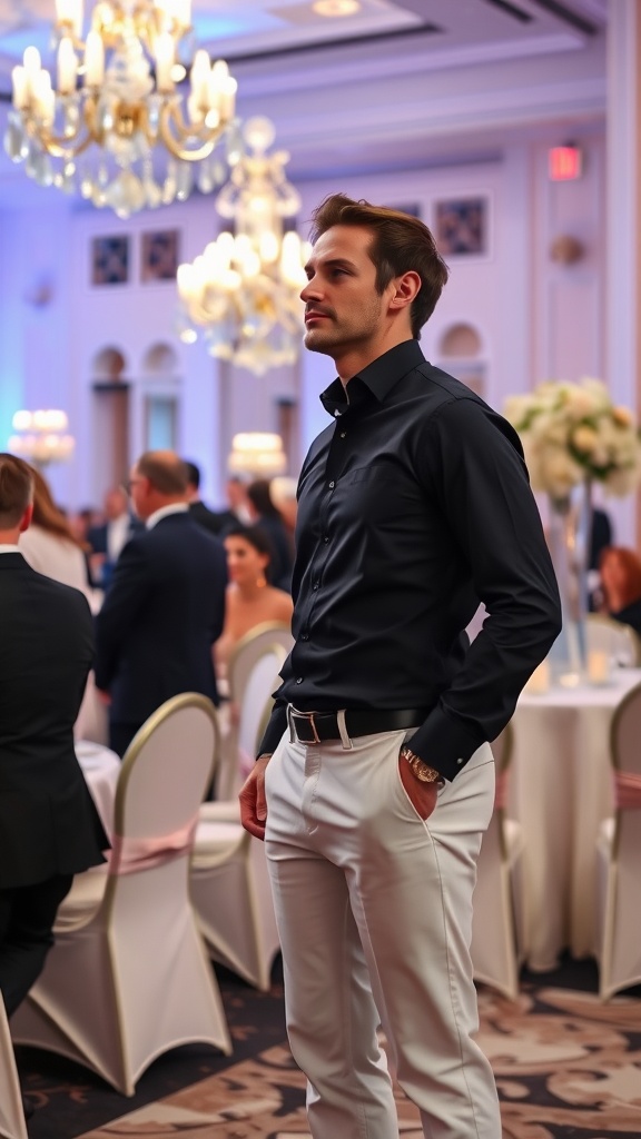 A man in a black shirt and white trousers at an elegant evening event.