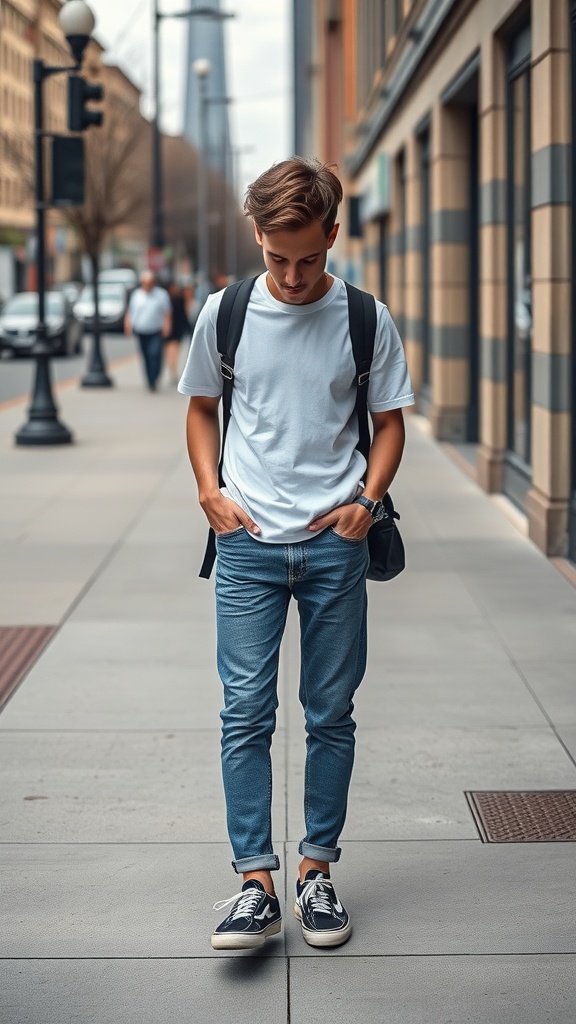 A young man wearing a white t-shirt, denim jeans, and sneakers while walking on a city street.