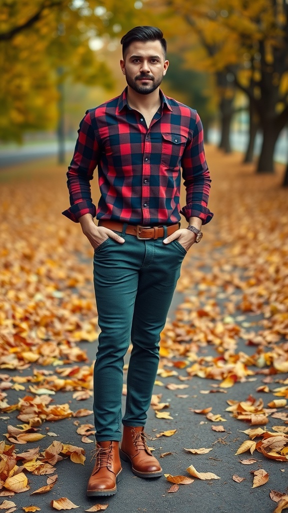 A pair of dark green corduroy pants styled with a plaid shirt and brown boots, set against a backdrop of autumn leaves.
