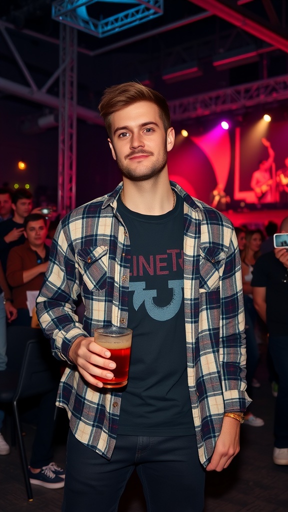 A young man at a concert wearing a flannel shirt over a T-shirt, holding a drink.