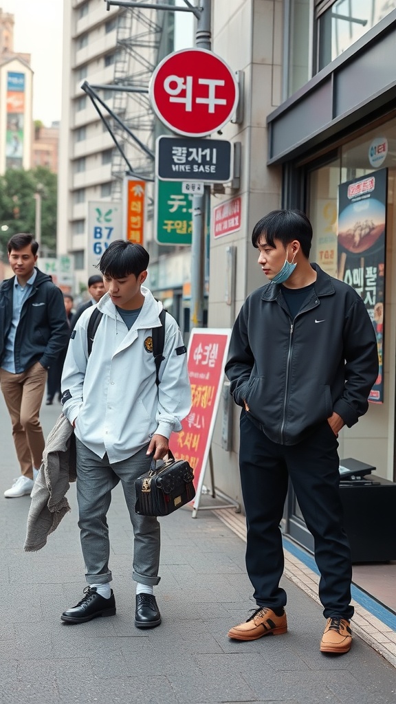 Korean men in stylish footwear walking on a city street.