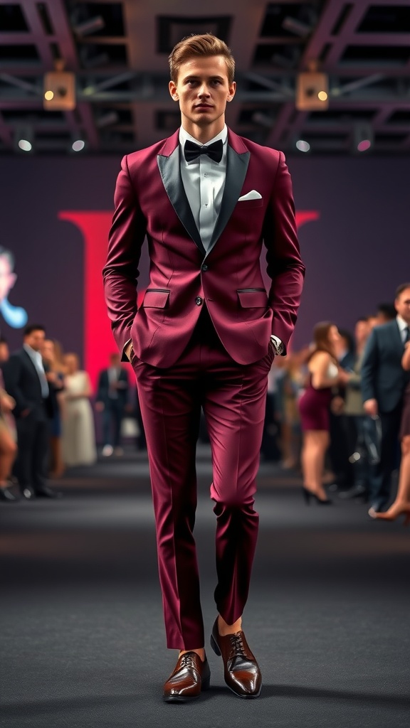 A man in a maroon suit with a black bow tie walks confidently on a runway, showcasing formal elegance.