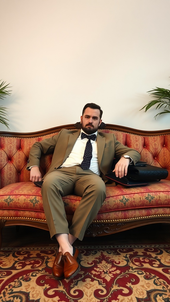 A man in a brown suit with a patterned tie sitting on a vintage sofa.