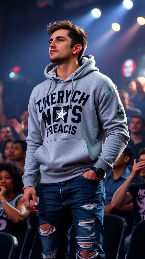 A man wearing a graphic hoodie and distressed denim at a concert.