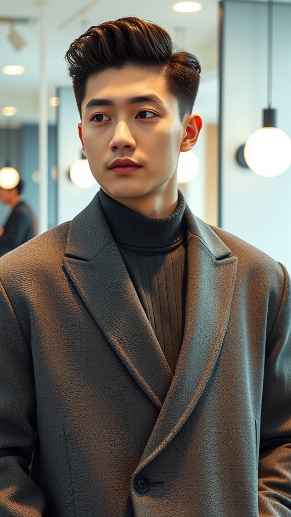 A young man in a stylish coat and turtleneck, showcasing contemporary Korean men's fashion and grooming.