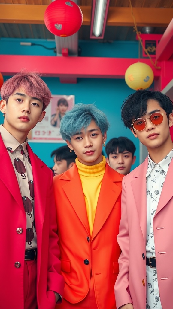 Three young men in colorful suits posing together, showcasing trendy K-Pop influenced fashion.