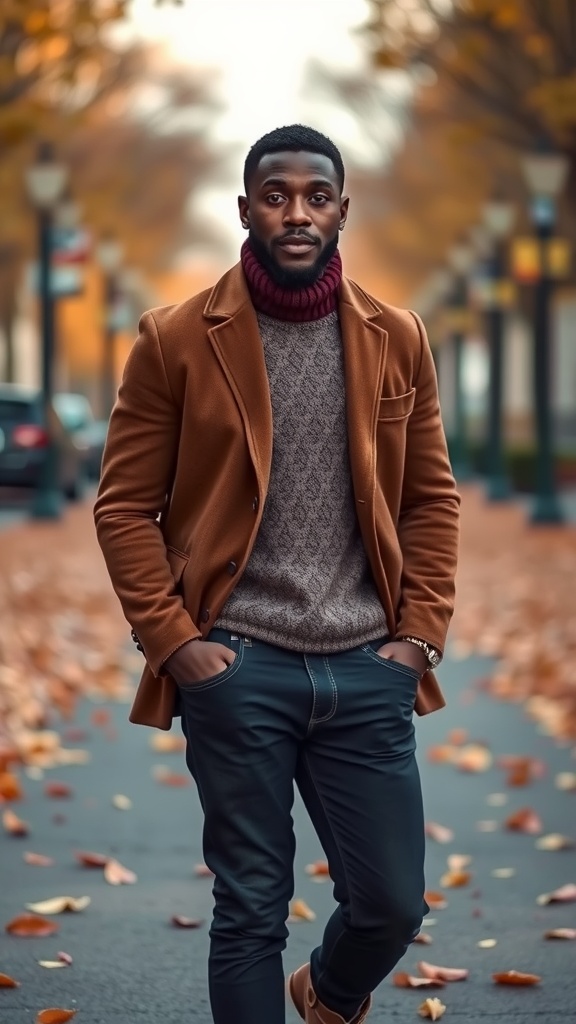 A person wearing a brown blazer over a knitted sweater, standing on a street with fall leaves.