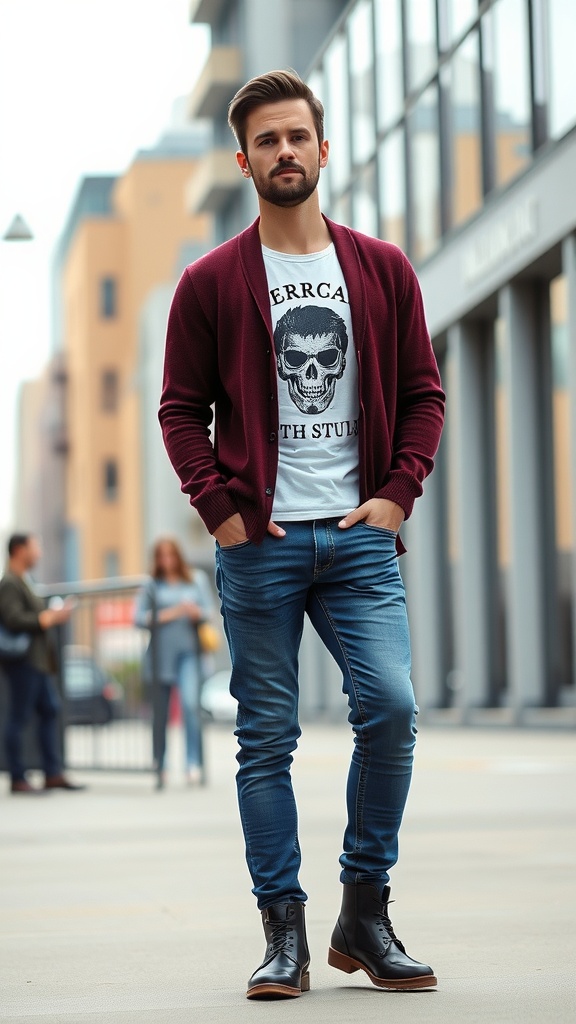 A woman wearing a maroon cardigan over a graphic tee, paired with distressed jeans and black ankle boots.