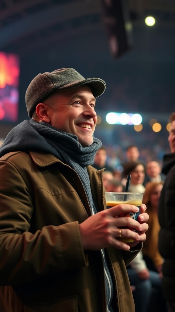 Man in a brown jacket and blue scarf smiling at a concert, holding a drink.