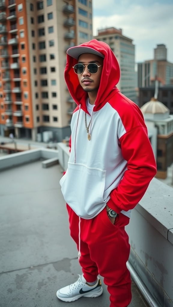 A man wearing a red and white streetwear outfit, featuring a red hoodie and pants, standing on a rooftop with city buildings in the background.