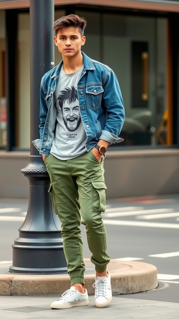 A man wearing green cargo pants, a denim jacket, and a graphic t-shirt, smiling on a city street.