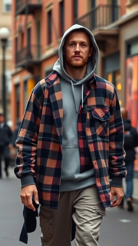A man walking down a street, wearing a plaid overshirt over a grey hoodie and baggy pants.