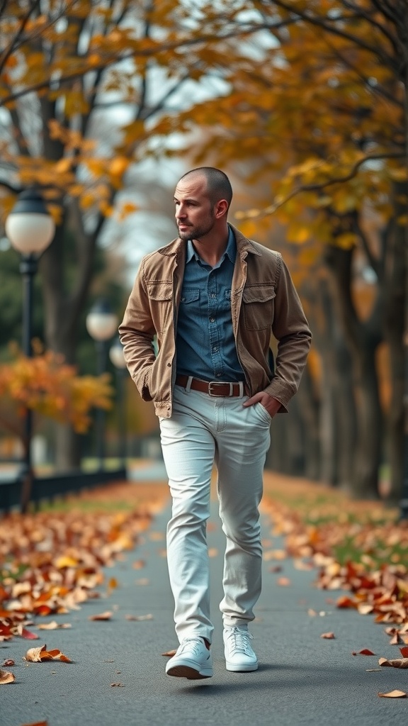 A man walking in a park during autumn, wearing white khakis, a denim shirt, and a beige jacket.