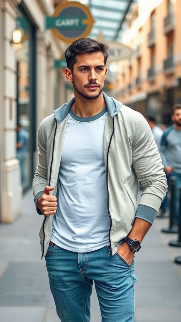 A stylish man in a city street wearing a grey jacket over a white t-shirt and jeans, exemplifying a layered outfit for transitional weather.