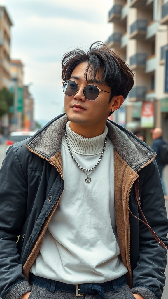 A stylish young man showcasing layering techniques in men's fashion, wearing a turtleneck under a jacket and accessorized with sunglasses and a necklace.
