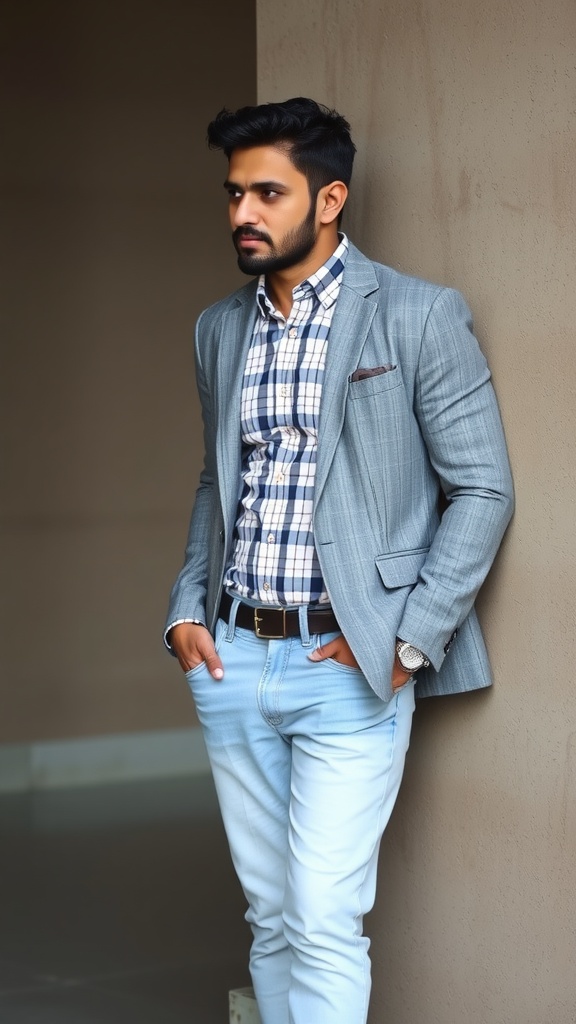 A man styled in a light gray blazer over a plaid shirt, paired with light blue jeans, leaning against a wall.