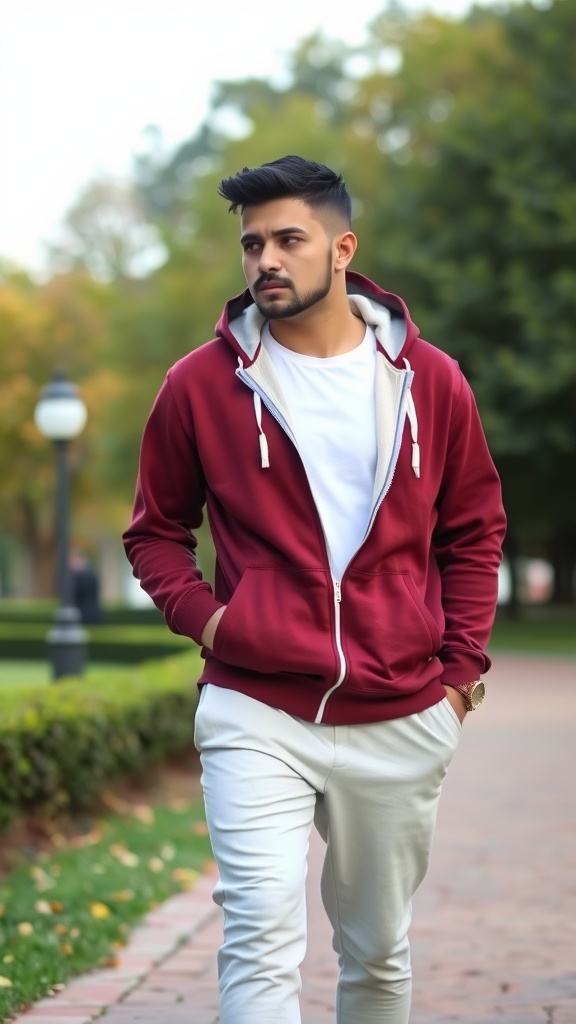 A person in a maroon hoodie standing outdoors, wearing joggers and white sneakers.