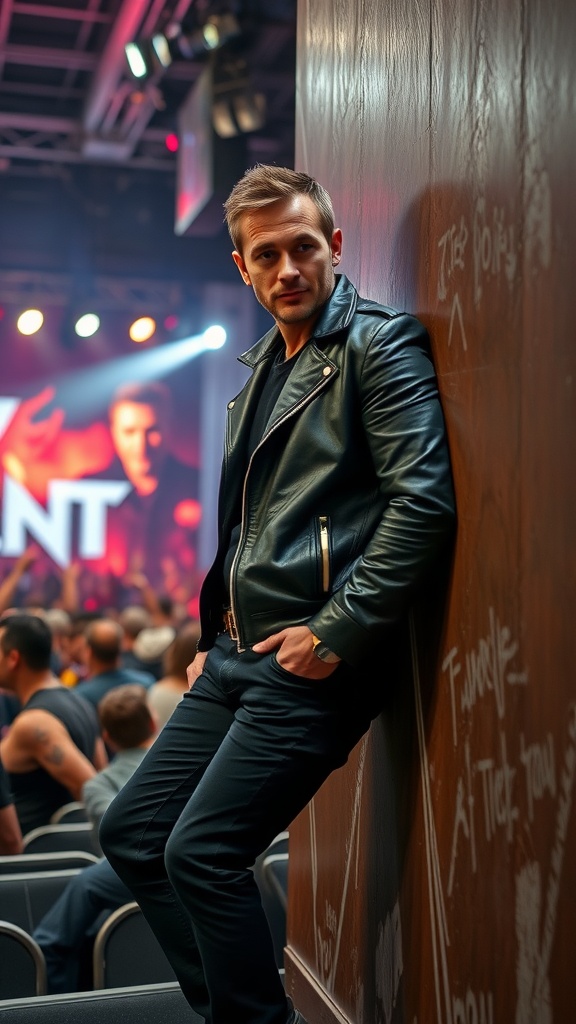 A man in a leather jacket and black jeans leaning against a wall at a concert.