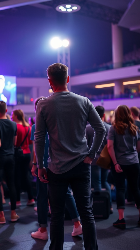A man in a long-sleeve henley and slim-fit pants enjoying a concert.