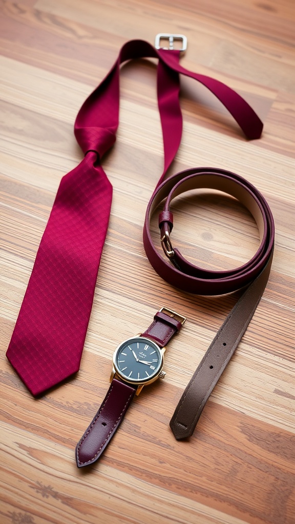 Maroon tie, watch, and belt laid out on a wooden surface.