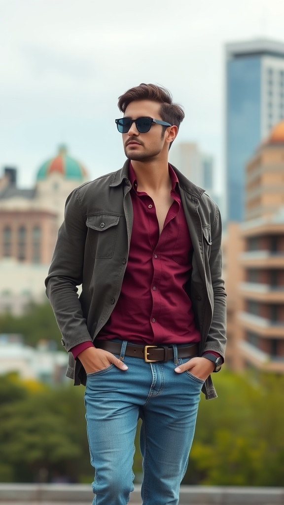 A person wearing a maroon top under a jacket and denim jeans, standing on a city street.