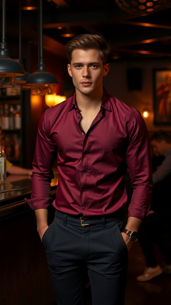 A young man in a maroon shirt and black pants standing in a bar setting.